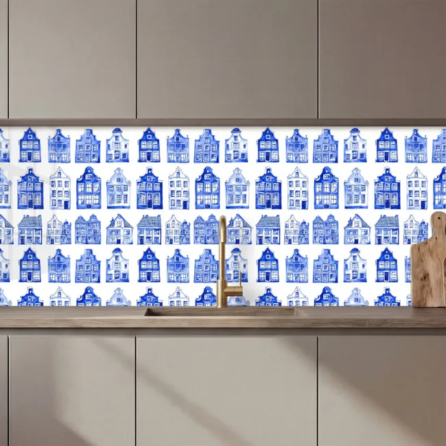 Küchenrückwand - Muster - Häuser - Blau