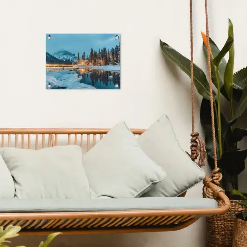 Winterlandschap - Natuur - Huis - Bergen - Sneeuw tuinposter los doek klein -sfeer7