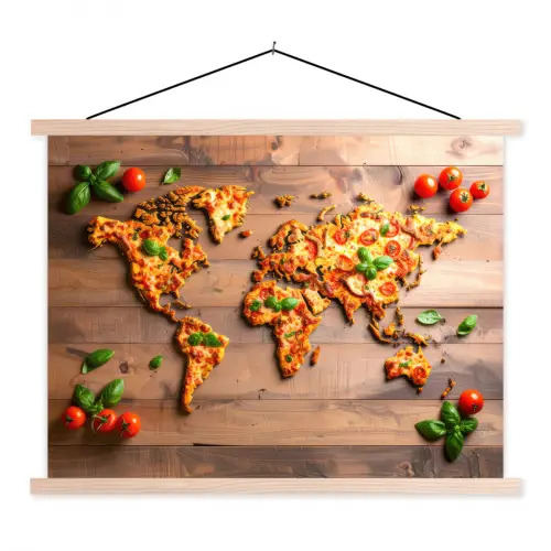 Wereldkaart - Pizza - Houten ondergrond textielposter latten blank klein -3d