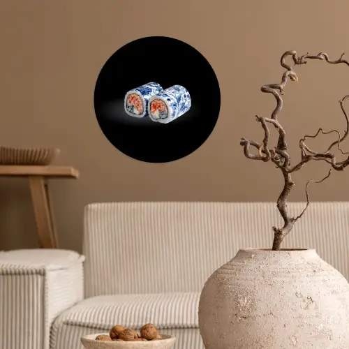 Sushi - Delfts blauw - Rijst - Vis - Elegant Wandcirkel behangsticker klein -sfeer1