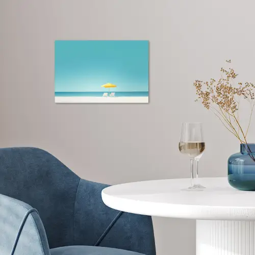 Strand - Blauwe lucht - Geel - Parasol poster papier klein -sfeer3