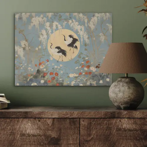 Kraanvogels - Maan - Bloemen - Blauw PET vilt klein -sfeer2