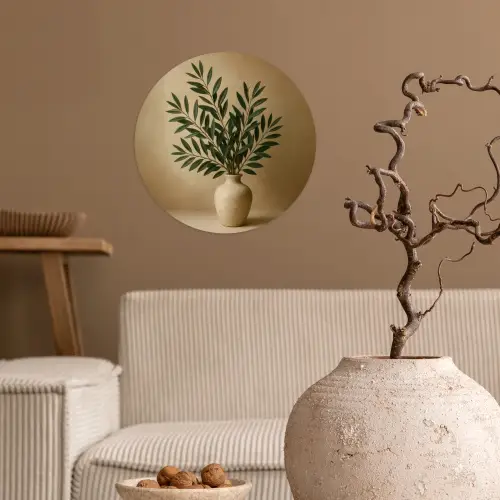 Vaas - Olijftakken - Bladeren - Beige Wandcirkel behangsticker klein -sfeer1