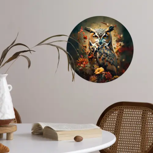 Uil - Vogel - Bloemen - Planten - Botanisch Wandcirkel behangsticker klein -sfeer3