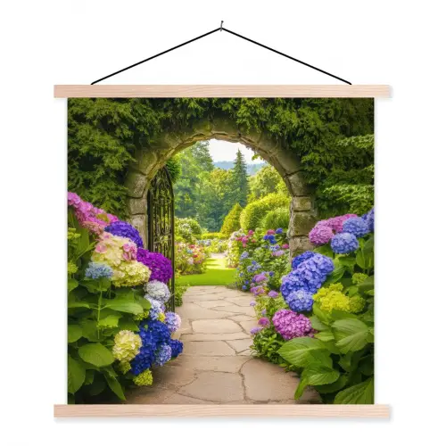Doorkijk - Poort - Hortensia - Bloementuin textielposter latten blank klein -3d