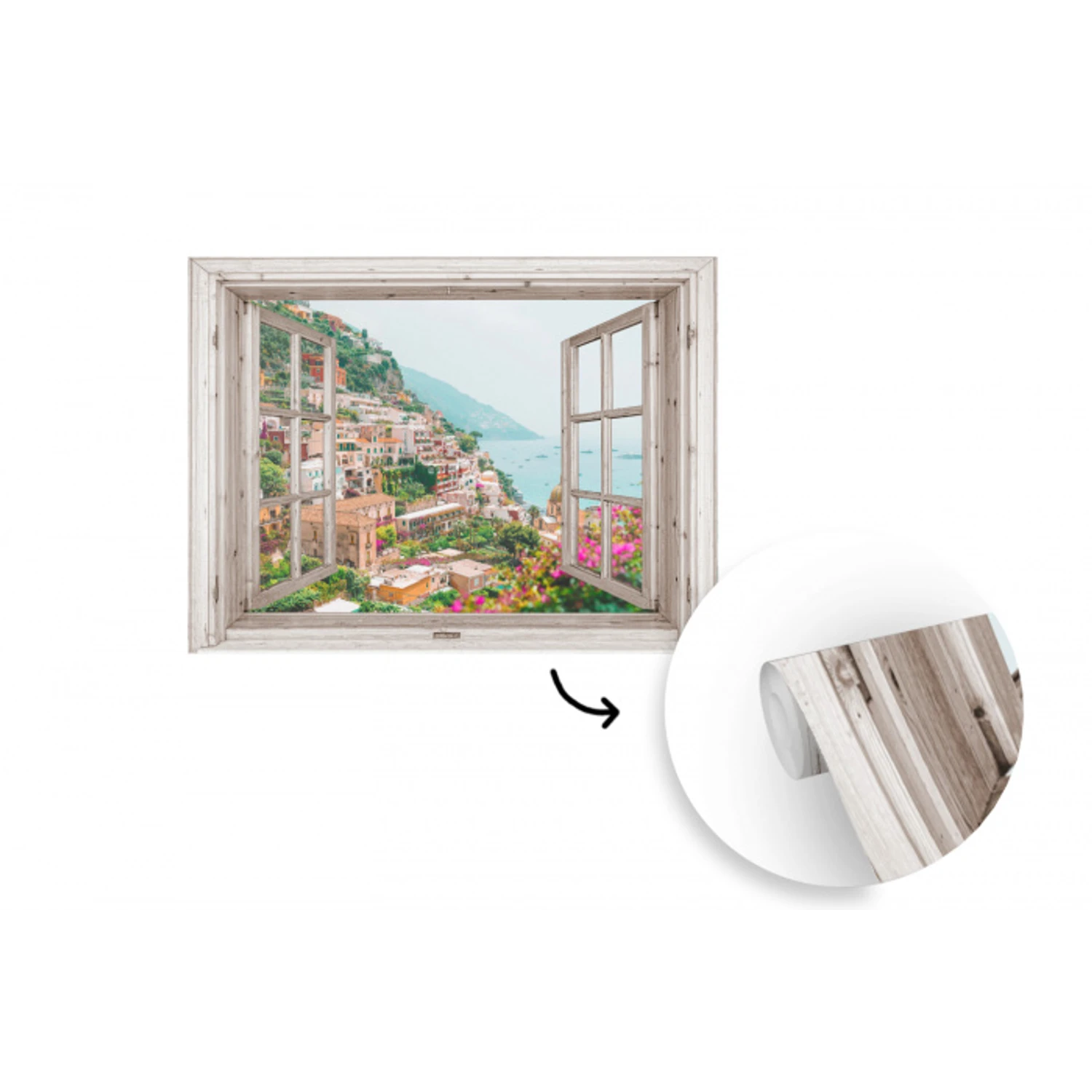 Doorkijk - Italië - Bloemen - Zee - Kust - Stad - Bergen fotobehang vinyl groot -3d