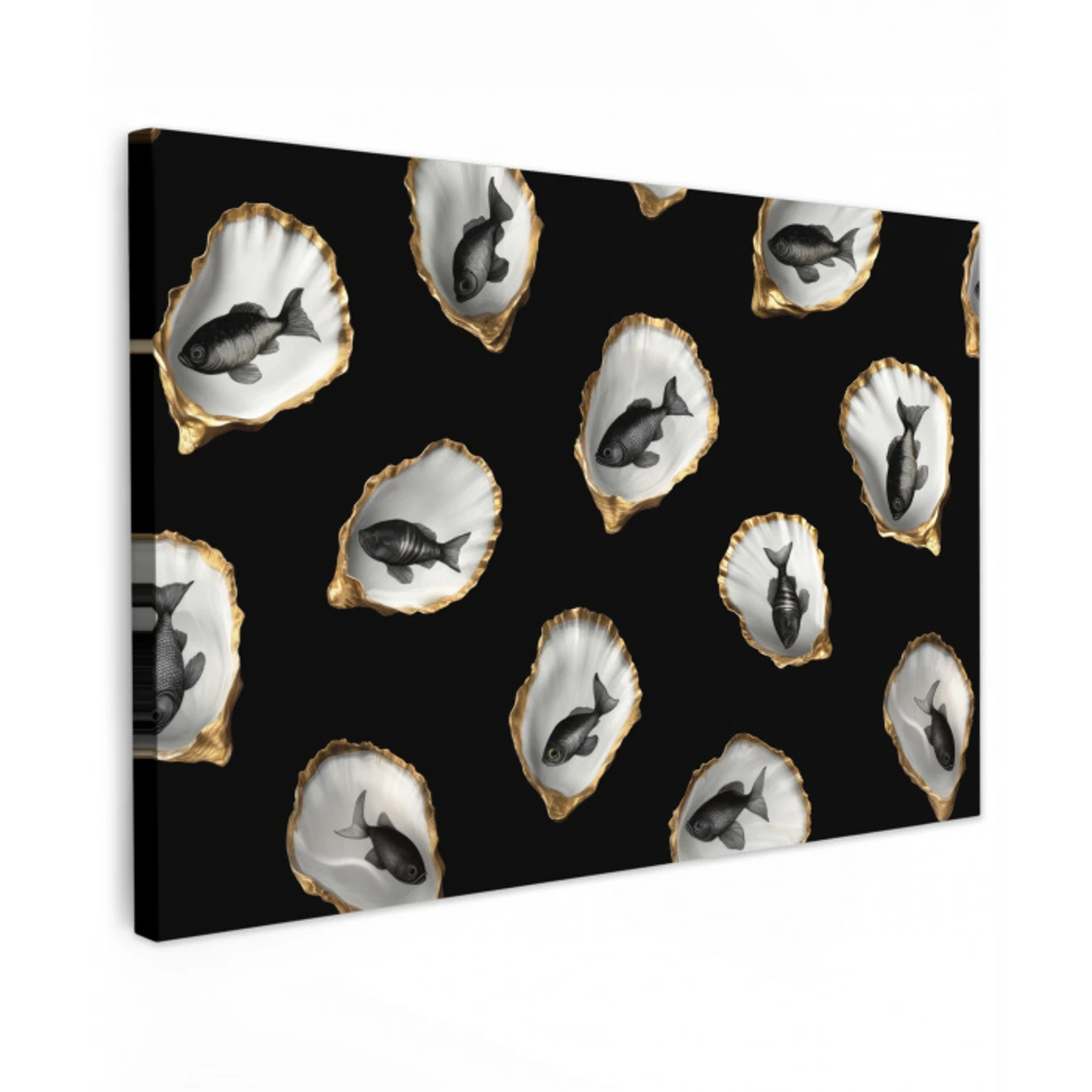 Oesters - Zwart - Vissen - Goud Tuinposter op houten frame 2 cm dik klein -3d