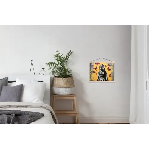 Meisje - Gasmasker - Vlinders - Graffiti textielposter latten blank klein -woonkamer
