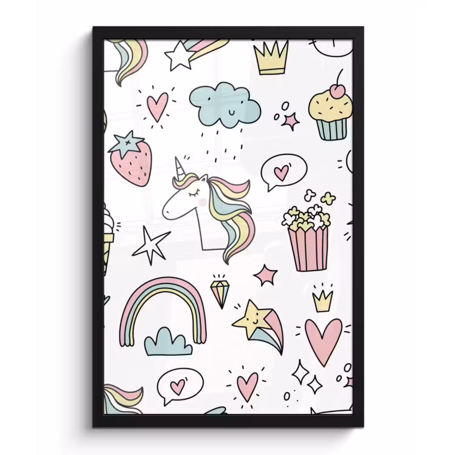 Poster met lijst - Patronen - Eenhoorn - Kinderen - Meisjes - Regenboog - Pastel