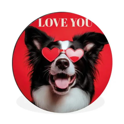 Hond - Hartjesbril - Loveyou - Rood Wandcirkel aluminium klein -3d
