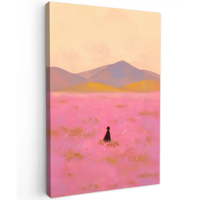 Bloemenweide - Heuvels - Silhouet - Roze Tuinposter op houten frame 2 cm dik klein -3d