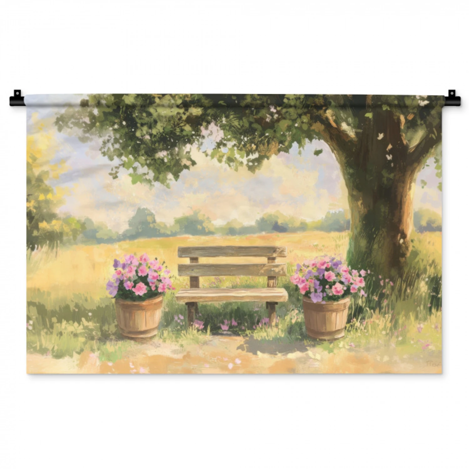 Houten bankje - Bloempotten - Landschap Wandkleed katoen middel -zz3d