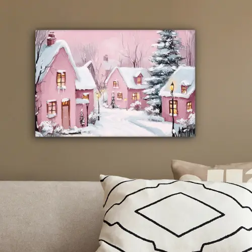 Kerstdorp - Roze - Winter - Sneeuw - Huizen canvas 2cm klein -sfeer3