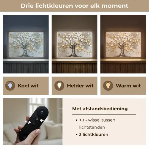 Boom - Beige - Grijs - Goud - Abstract Light Box met batterij (Wandlamp) middel -USP_lichtkleurNL