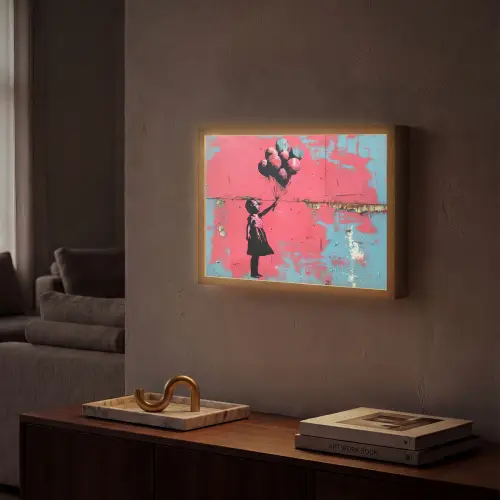 Graffiti - Meisje - Ballon - Roze - Blauw - Street art Light Box met batterij (Wandlamp) middel -sfeer1