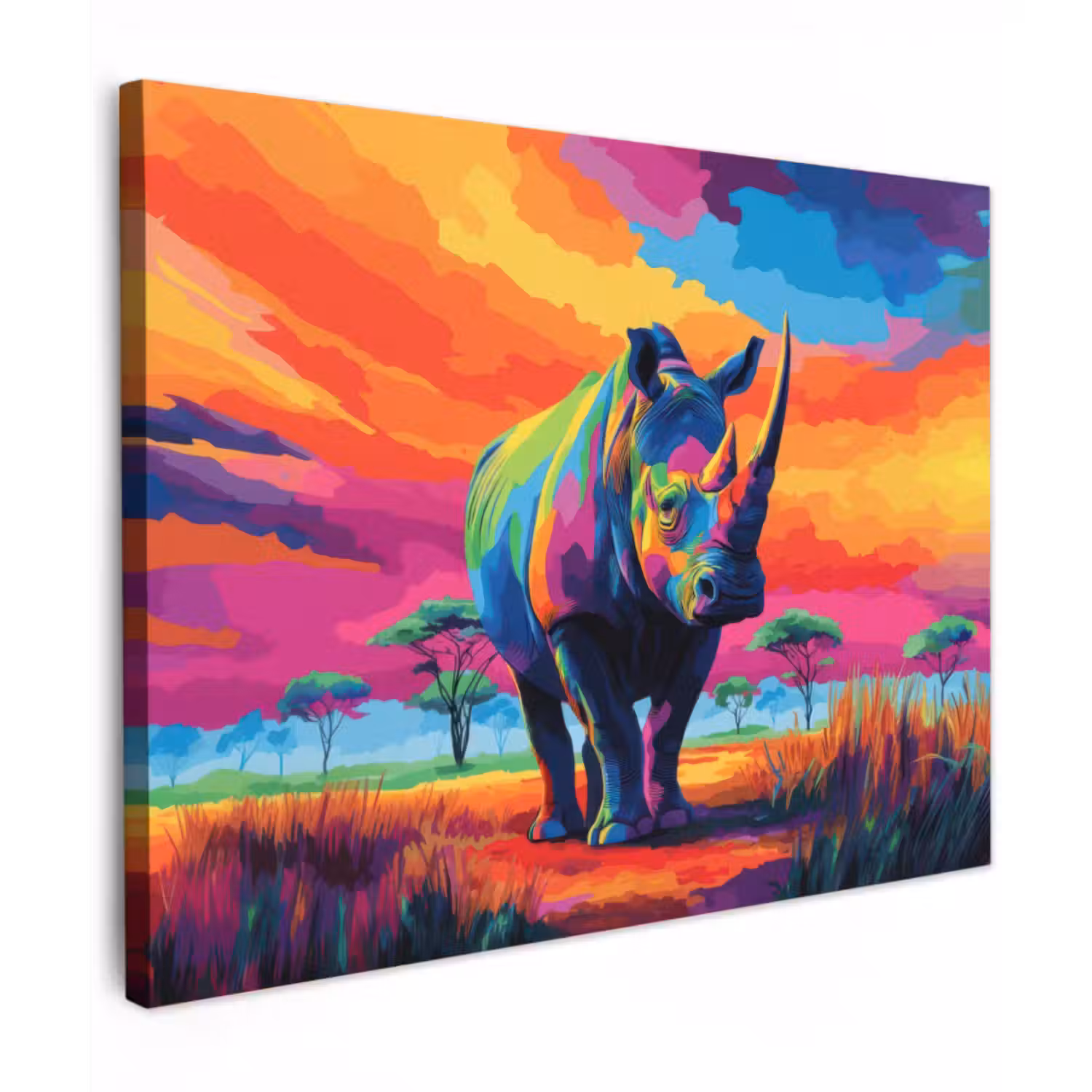 Canvas schilderij - Neushoorn - Zonsondergang - Savanna - Kleurrijk