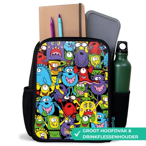 Monsters met Felle Kleuren Rugzak - Zwart middel -inhoud_NL