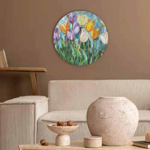 Mozaïek - Veld - Tulpen - Kleurrijk Akoestische PET Vilt - Rond klein -sfeer1