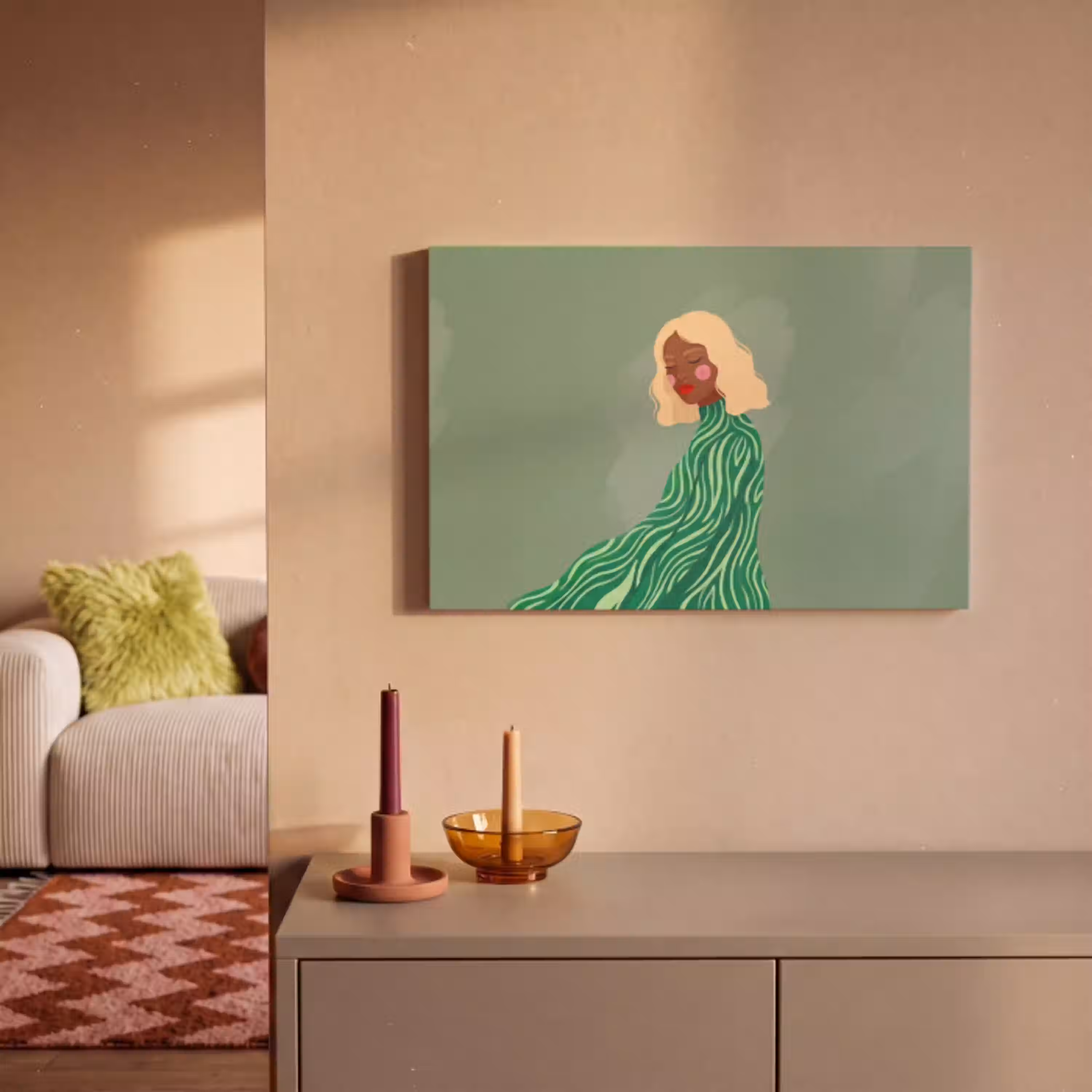 Vrouw - Portret - Illustratie - Modern - Groen canvas 2cm klein -sfeer1