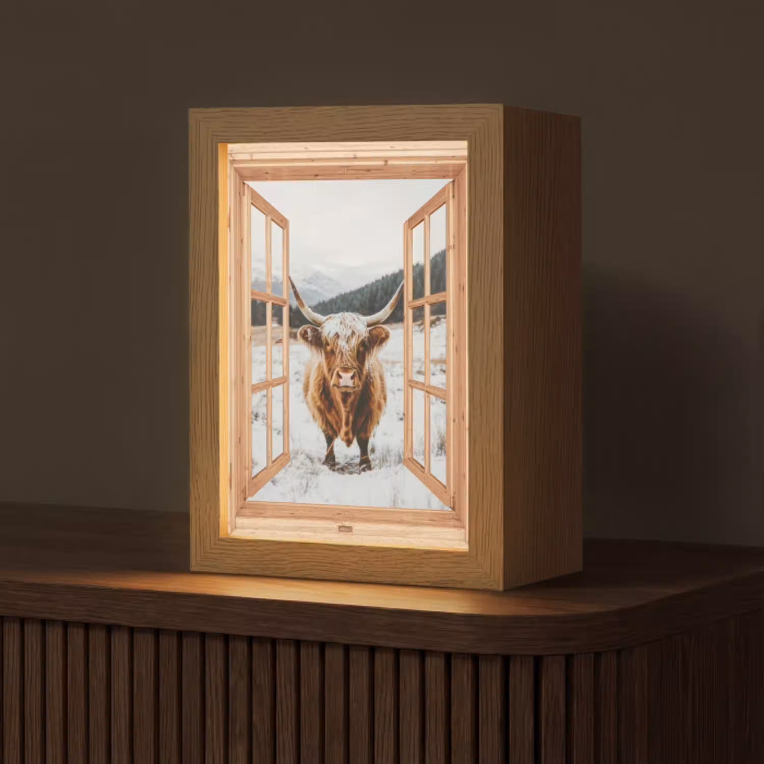 Schotse Hooglander - Landschap - Landelijk - Bergen - Winter - Doorkijk Light Box met kabel (Tafellamp) klein -z3d_website