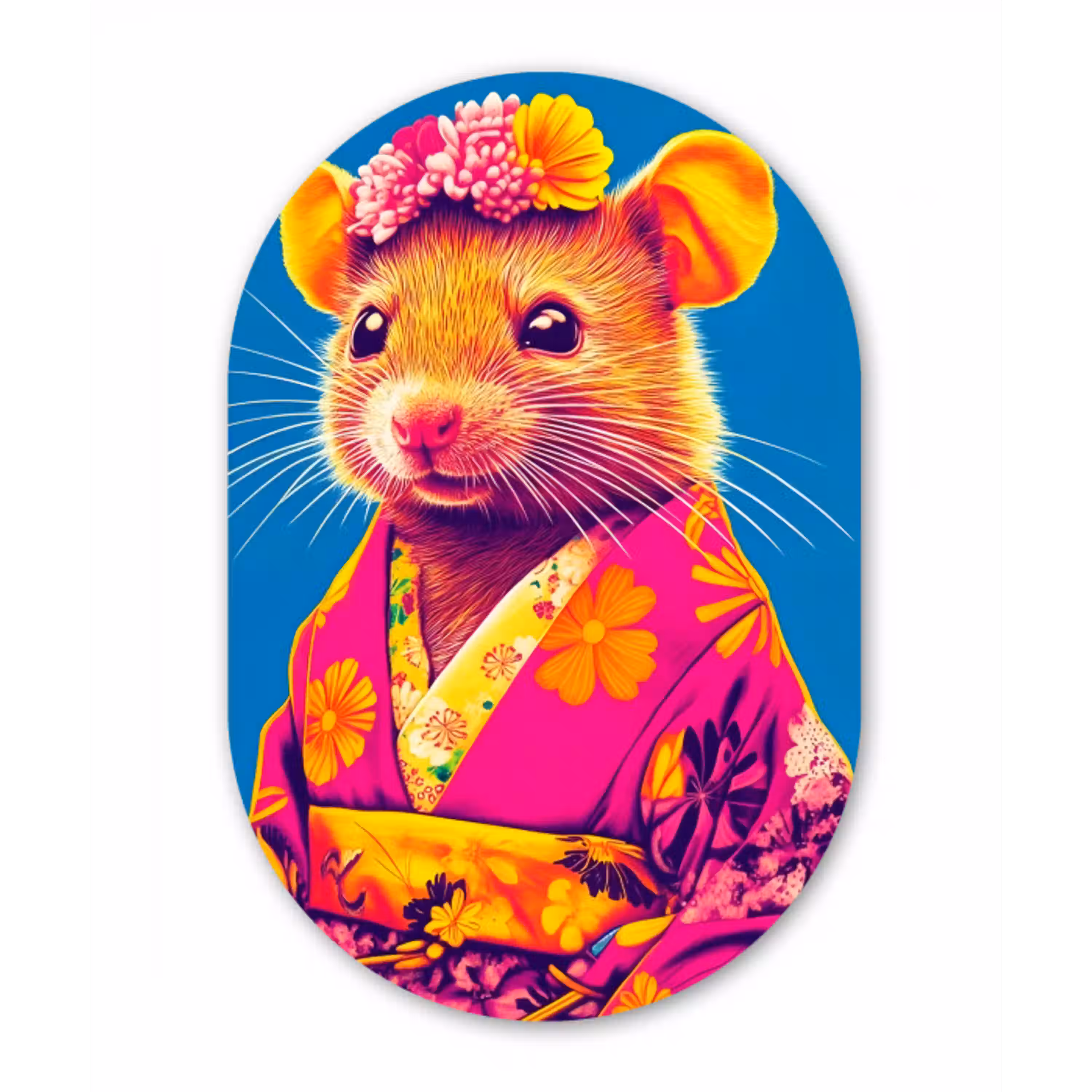 Muis - Kimono - Bloemen - Blauw Wandcirkel Ovaal Glas middel -3d