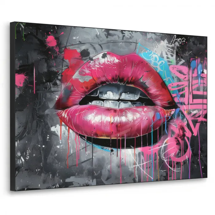 Lippen - Felroze - Graffiti - Verfstrepen Textielframe - compleet frame klein -3d