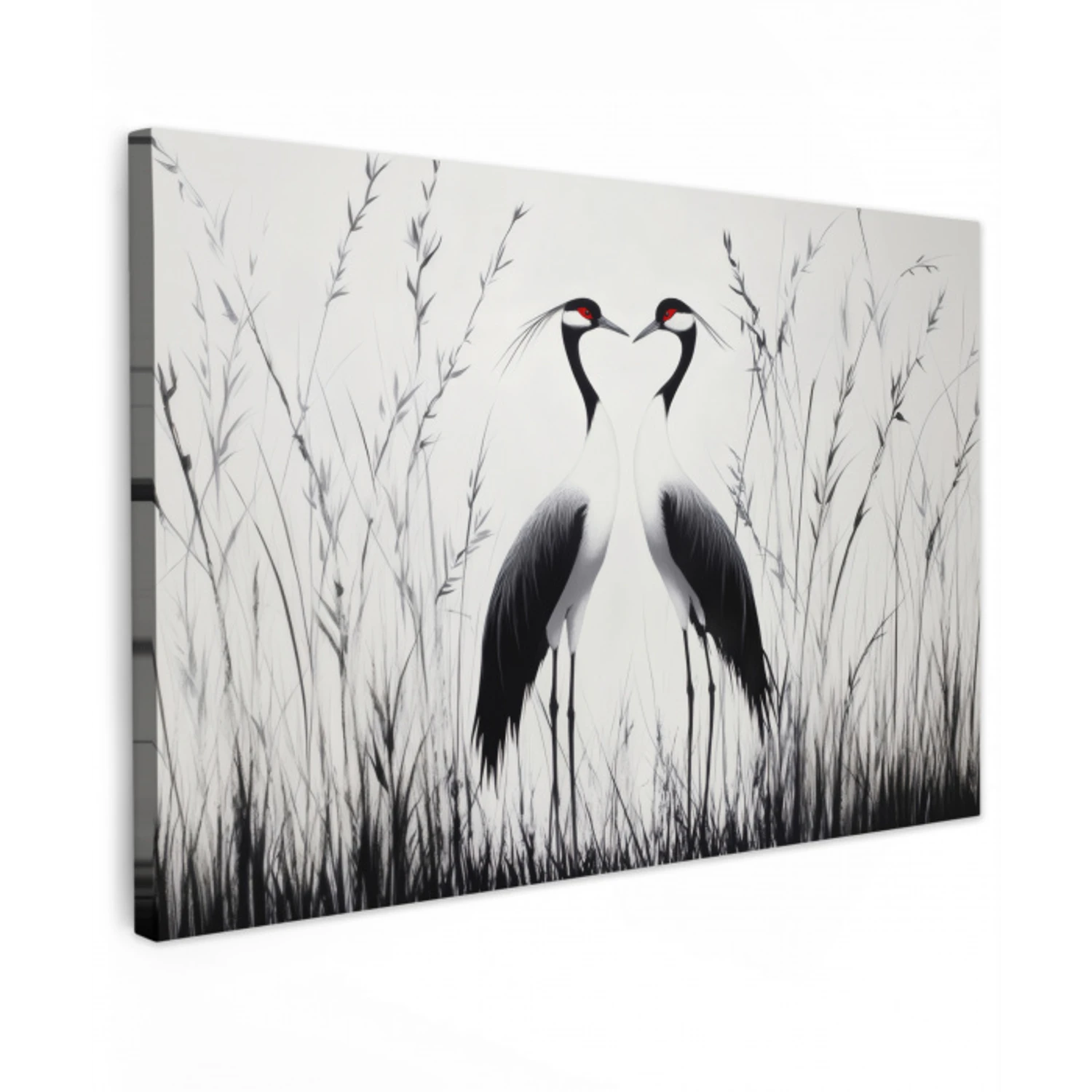 Kraanvogels - Gras - Hartvorm - Zwart Tuinposter op houten frame 2 cm dik klein -3d