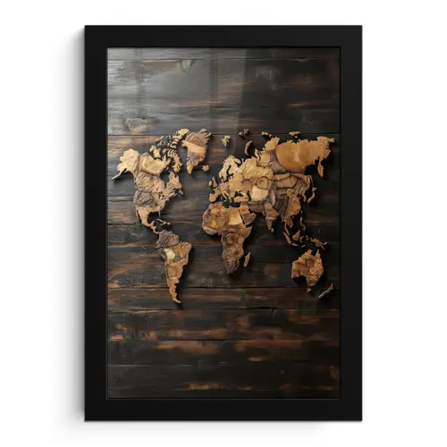 Wereldkaart -  Hout - Mozaïek fotolijst zwart zonder passe partout klein -3d