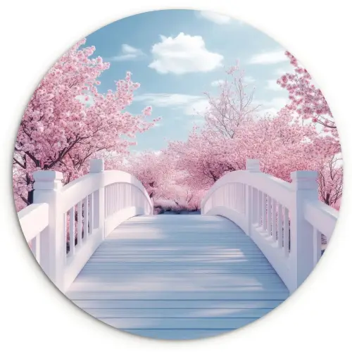 Brug - Kersenbomen - Wit Wandcirkel kunststof plaat 5mm dik klein -3d