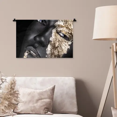 Vrouw - Goud - Zwart - Verf - Luxe Wandkleed katoen klein -sfeer4
