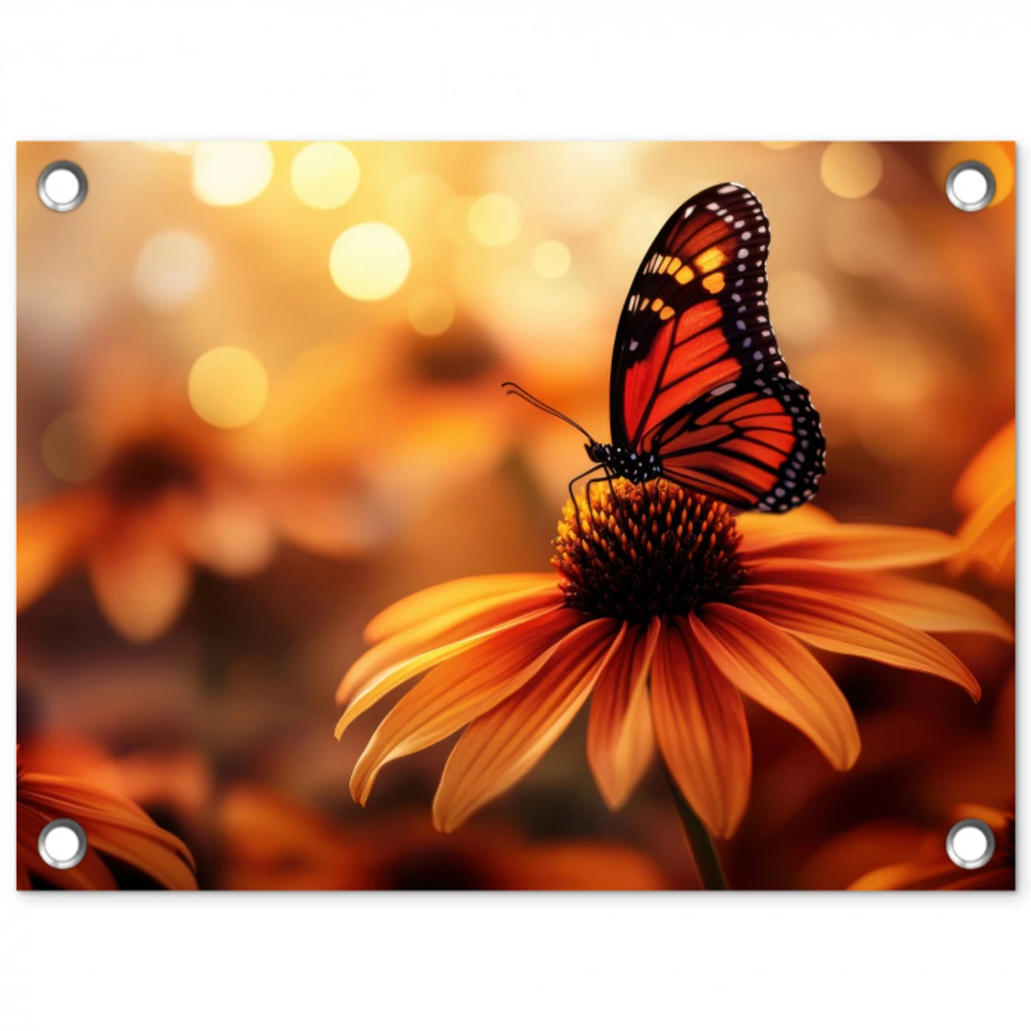 Vlinder - Bloemen - Oranje tuinposter los doek klein -3d