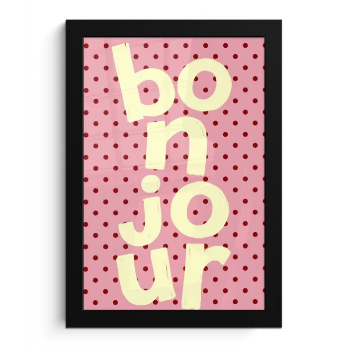 Bonjour - Stippen - Roze- Geel fotolijst zwart zonder passe partout klein -3d