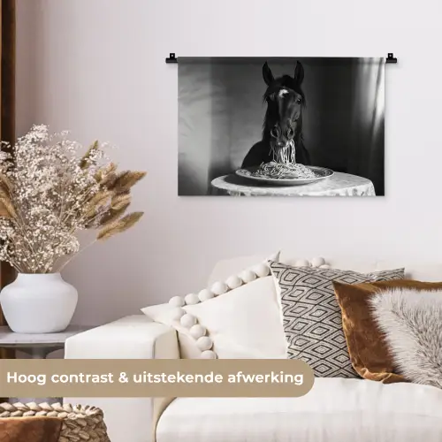 Paard - Bord - Pasta - Tafelkleed - Zwart Wit - Dieren Wandkleed katoen klein -sfeer1