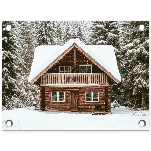Huis - Bos - Winter - Natuur - Sneeuw tuinposter los doek klein -3d