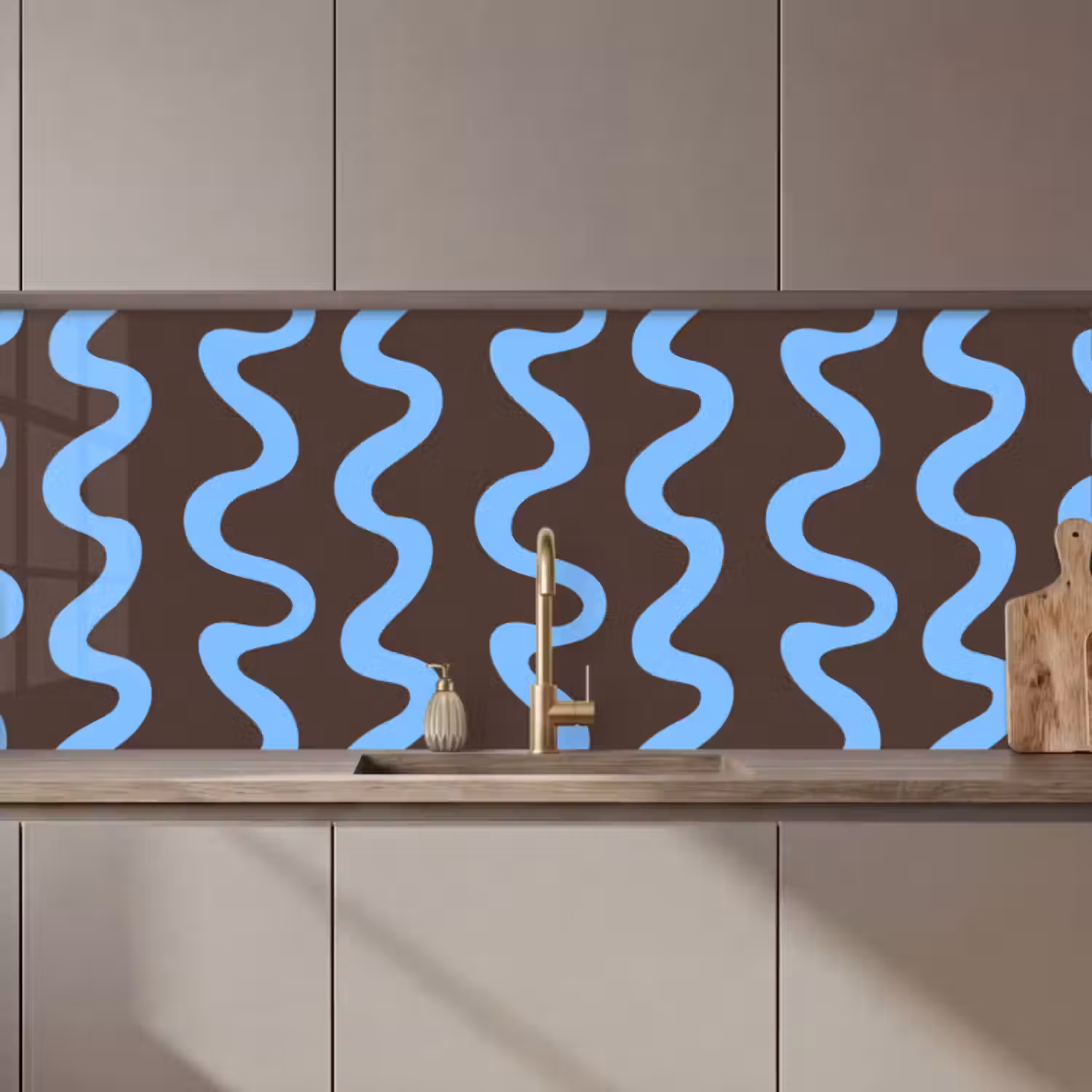 Küchenrückwand - Sich windende Linien - Blau - Braun - Minimalistisch