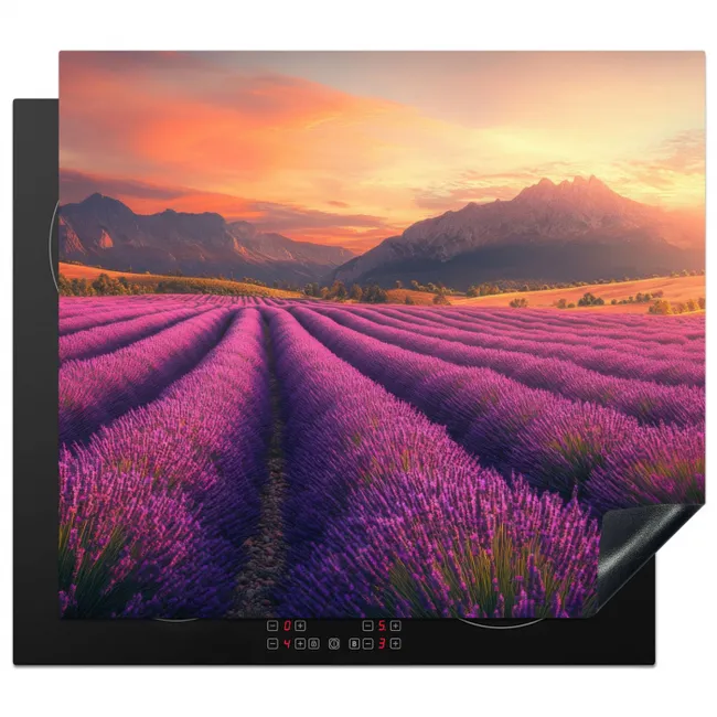 Lavendelveld - Zonsondergang - Paars Inductie beschermer vinyl 3mm middel -3d