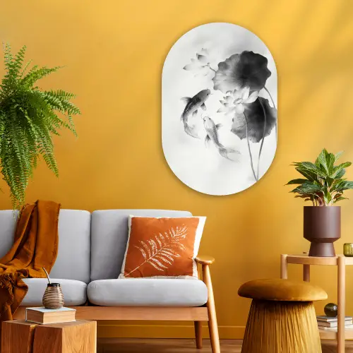 Lotusbloemen - Vissen - Bladeren - Zwart Wandcirkel Ovaal Glas middel -sfeer4