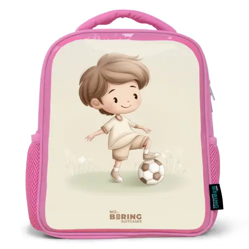Jongen met een voetbal in bruine tinten Kinderrugzak - Roze middel -3d