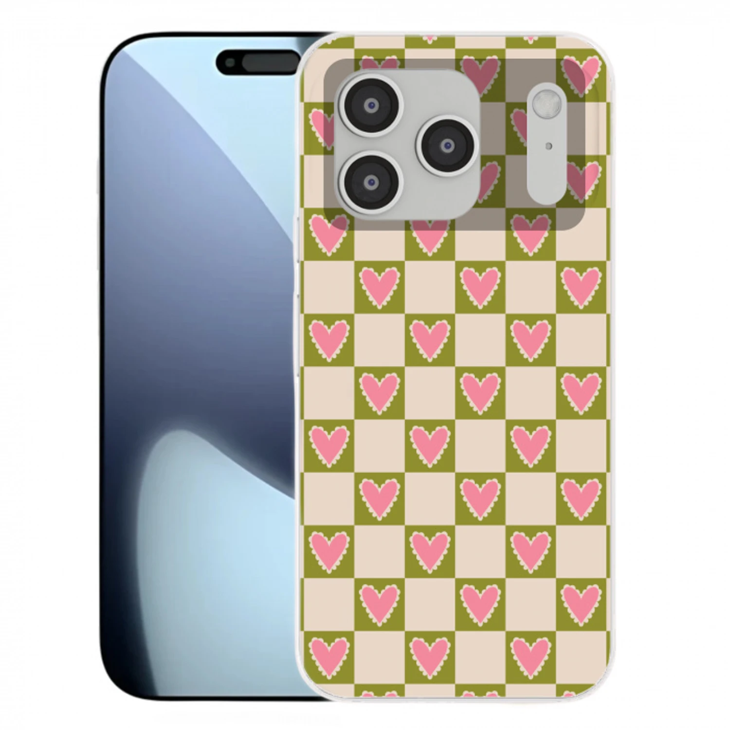 Olijfgroen - Hartjes - Patroon - Retro Telefoonhoesje iPhone 17 Pro klein 878 -3d
