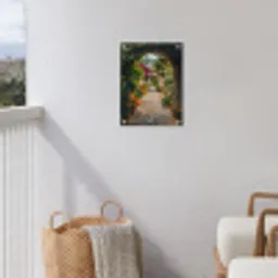Doorkijk - Bloemen - Poort - Stenen tuinposter los doek klein -sfeer8