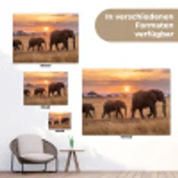Olifanten - Savanne - Zonsondergang - Afrika - Warm tuinposter los doek klein -Xsfeer9_DE