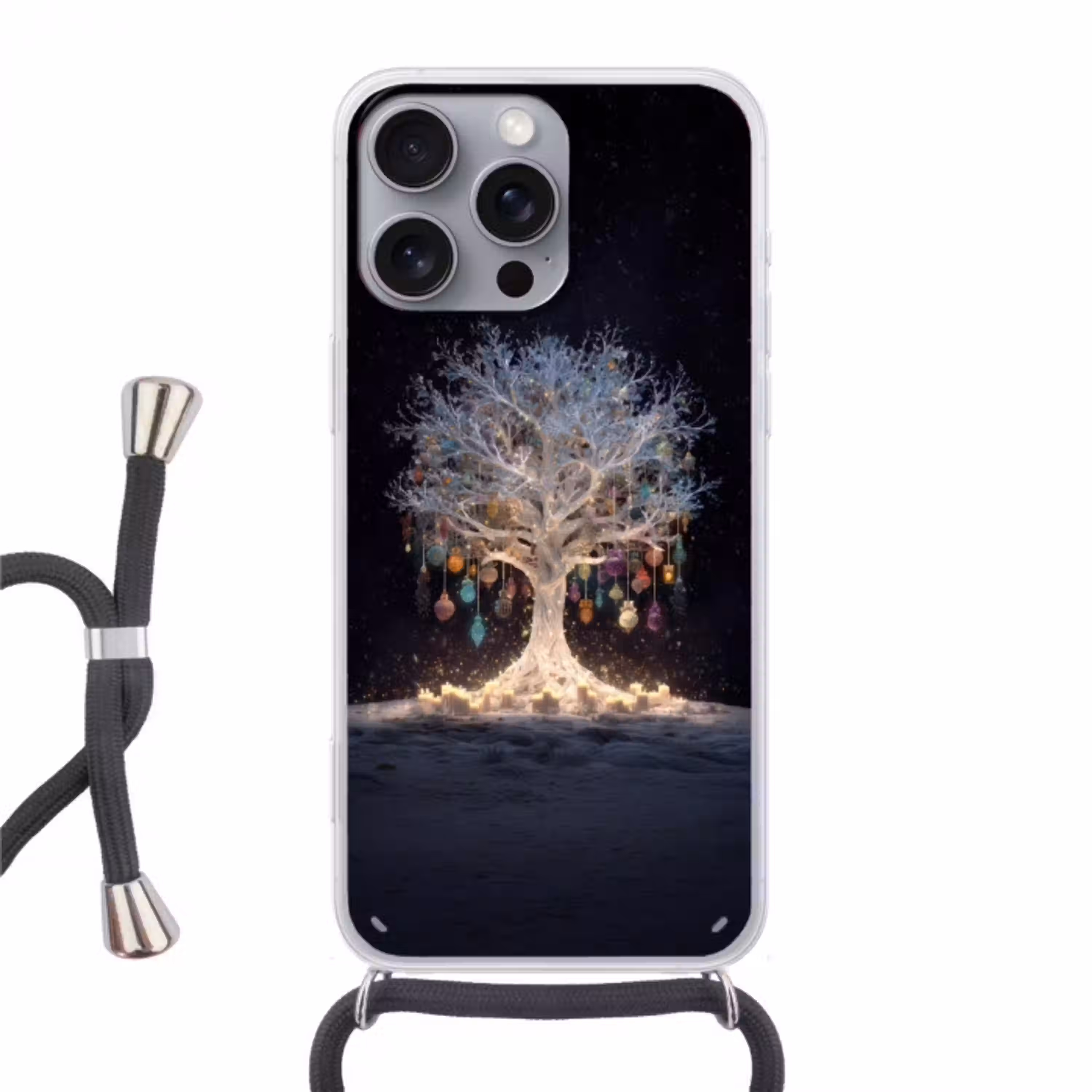 Sneeuwboom  - Lichtjes - Wit - Kleurrijk Hoesje iPhone 16 Pro Max met koord klein -3d