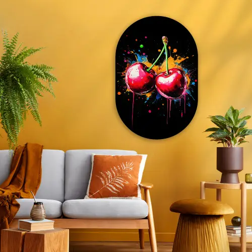 Kersen - Fruit - Graffiti - Verf - Abstract - Modern - Kleurrijk Wandcirkel Ovaal Glas middel -sfeer4