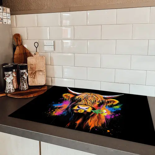 Schotse Hooglander - Graffiti - Kleurrijk - Bloem - Dieren Inductie beschermer vinyl 3mm klein -sfeer3