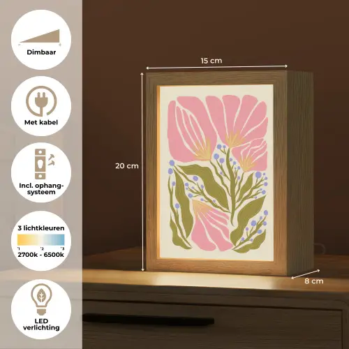 Bloemen - Bladeren - Abstract - Roze Light Box met kabel (Tafellamp) klein -USP_NL