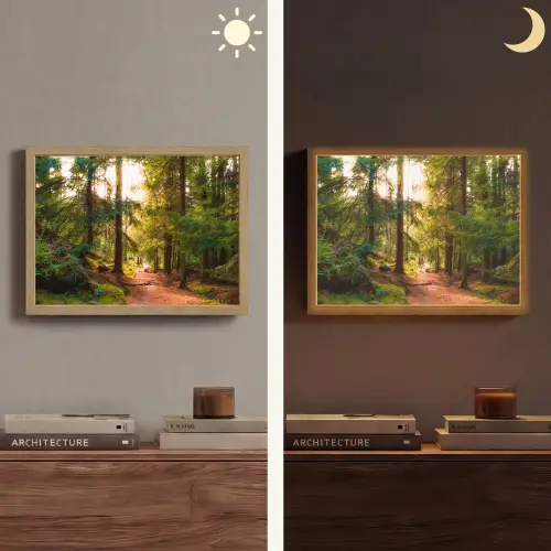 Bos - Pad - Bomen - Groen - Zon - Natuur Light Box met batterij (Wandlamp) middel -sfeer3