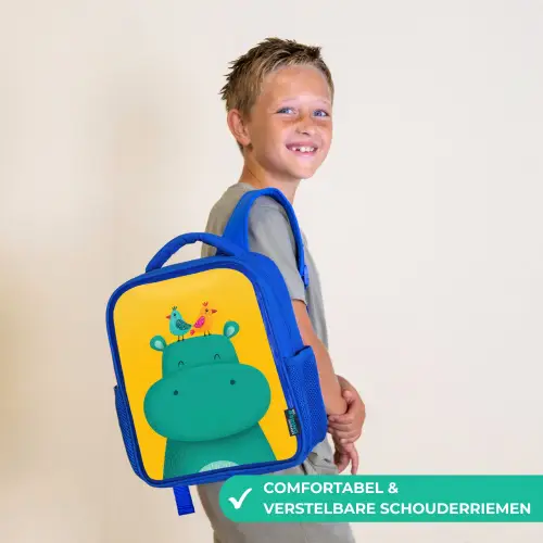 Nijlpaard - Vogels - Groen - Geel Kinderrugzak - Blauw middel -sfeer3_NL