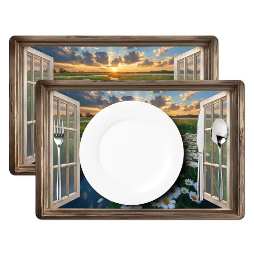 Doorkijk - Landschap - Raam - Water - Zonsondergang Placemat vinyl groot -zzsfeer2_Kitchenyeah-website