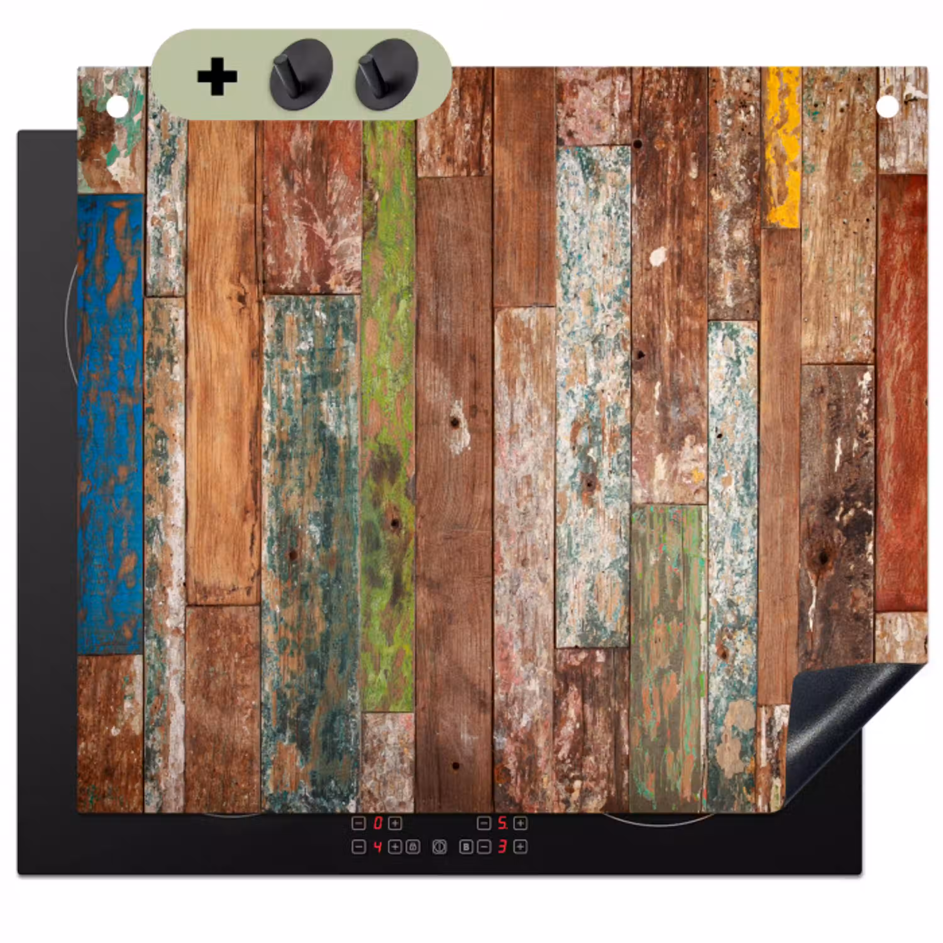 Kleurrijk Verweerd Hout Inductie beschemer met haakjes klein -3d