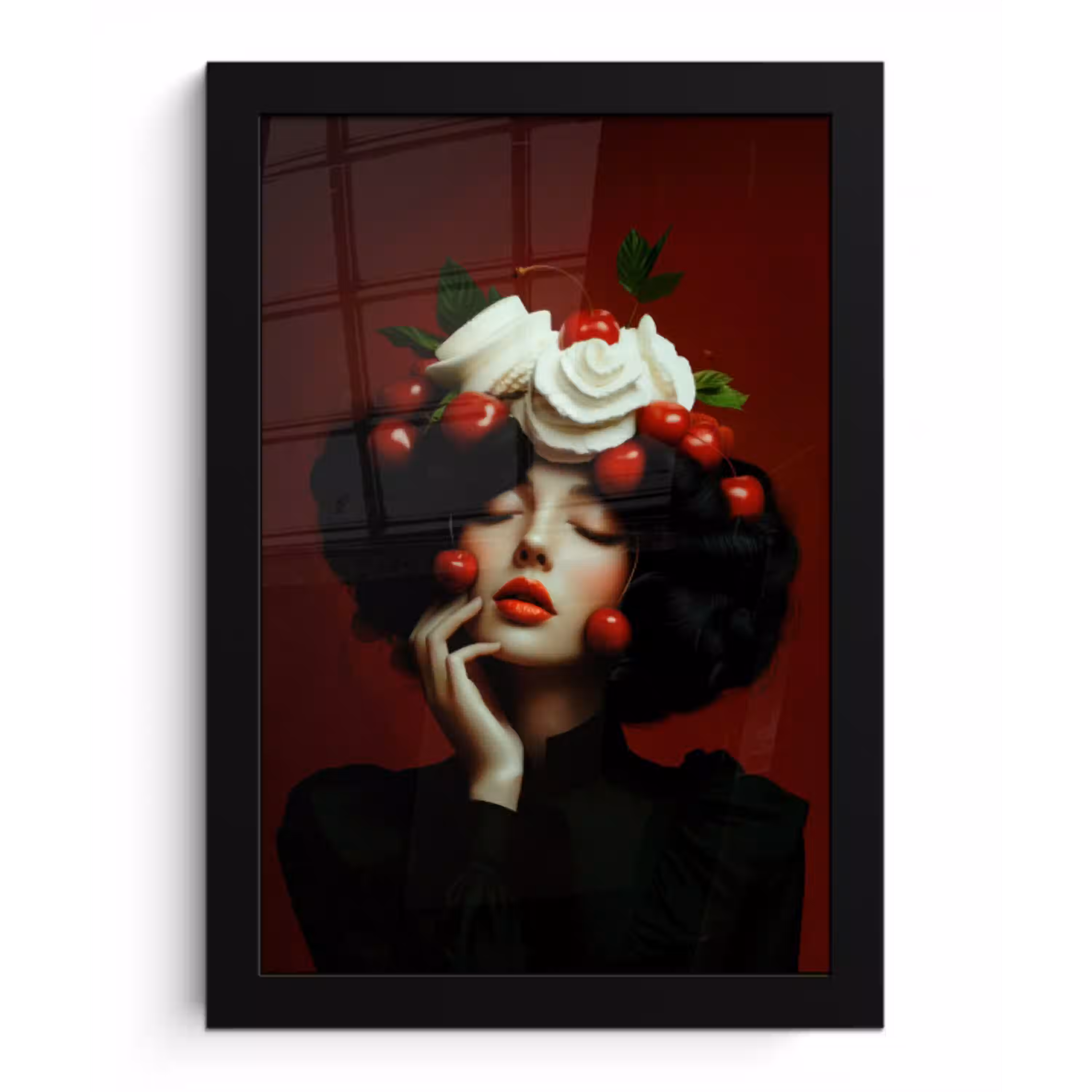 Vrouw - Kersen - Slagroom fotolijst zwart zonder passe partout klein -3d